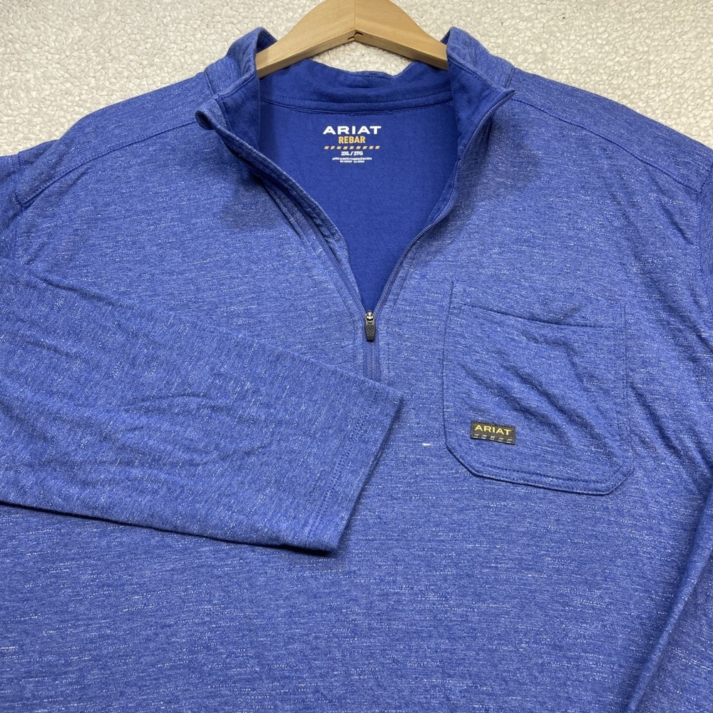Ariat Quarter Zip Mens 2XL Blue Rebar Pullover Workwear Heathered‎ Pocket Top